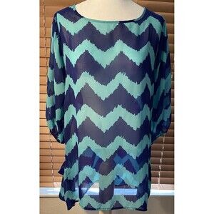 Light Weight Blue Aqua Sheer Top Blouse 3/4 Sleeves Size XL Stripes LILY WHITE